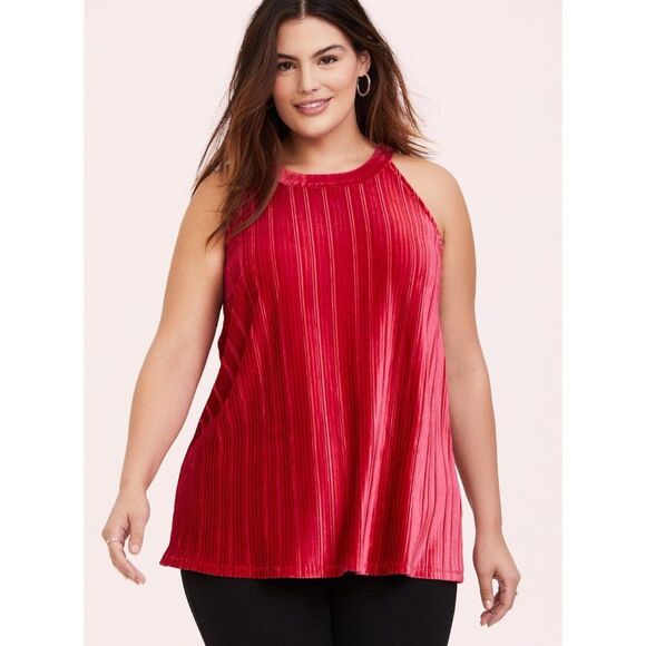 Torrid Size 2X Red Velvet High Neck Halter Pleated Goddess Sleeveless Tank Top - Picture 1 of 6